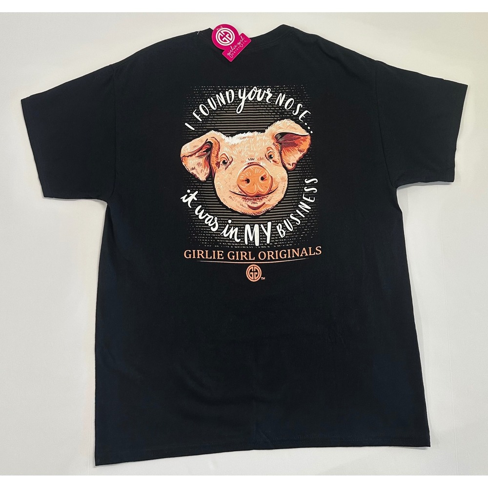 Girlie Girl Originals Black Pig Graphic T-Shirt I Found Your Nose Large NWT